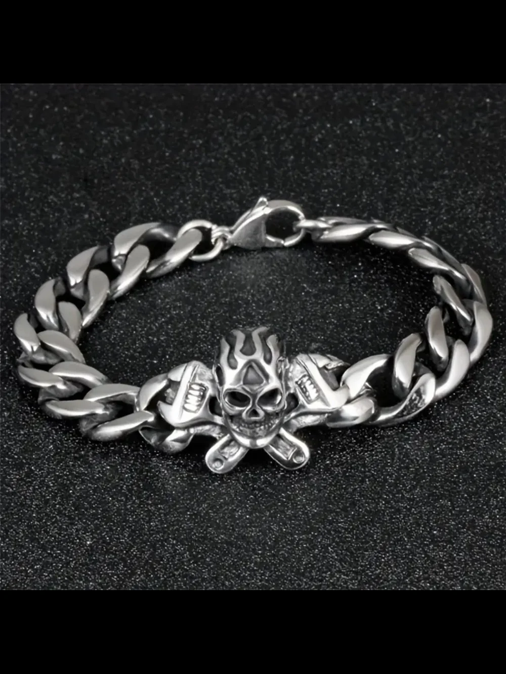 Skull & Crossbones Wrench Chain Bracelet - Silver Tone